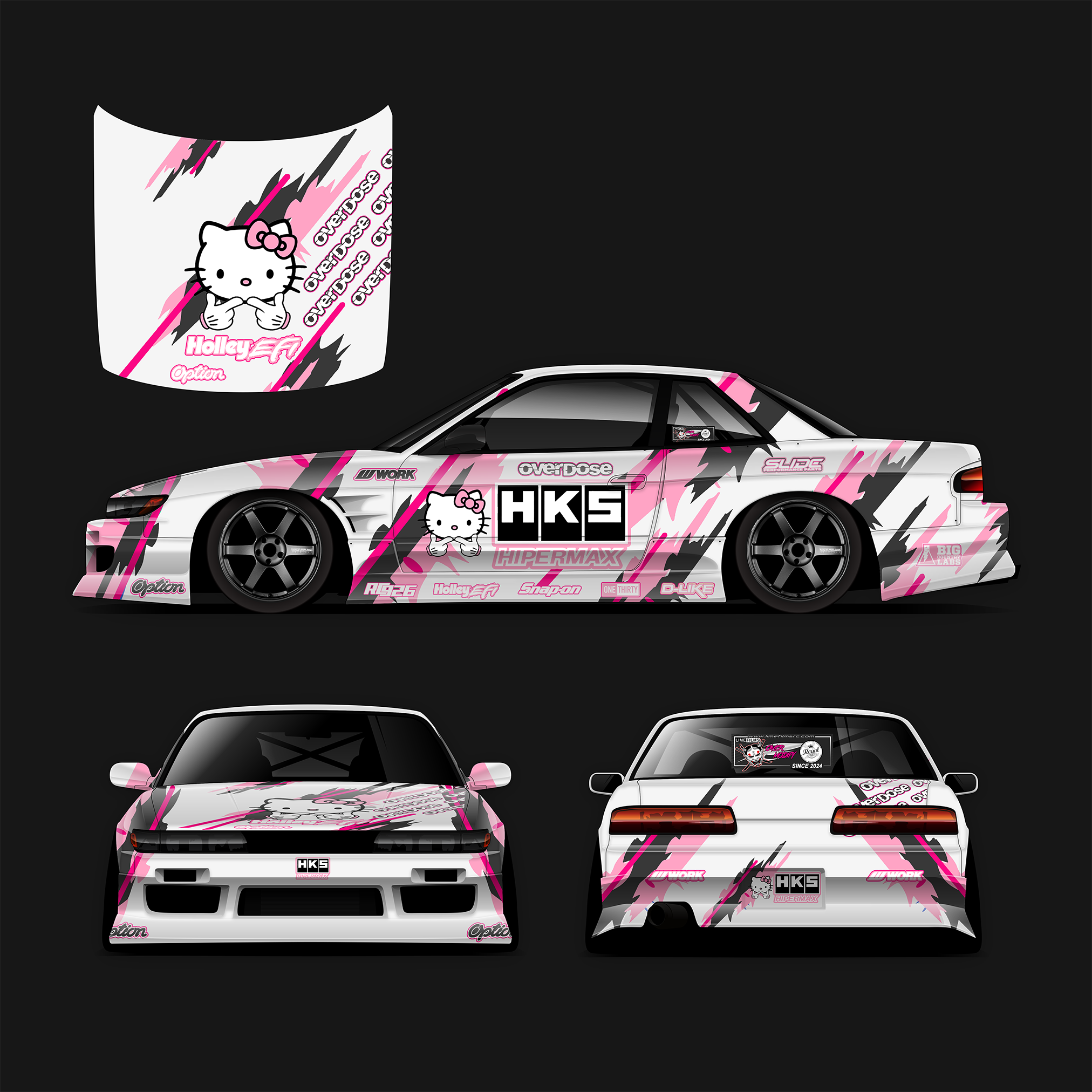Pre-Cut Silvia PS13 RC Drift Livery Decal Kit - HKS Hello Kitty Universal Fit