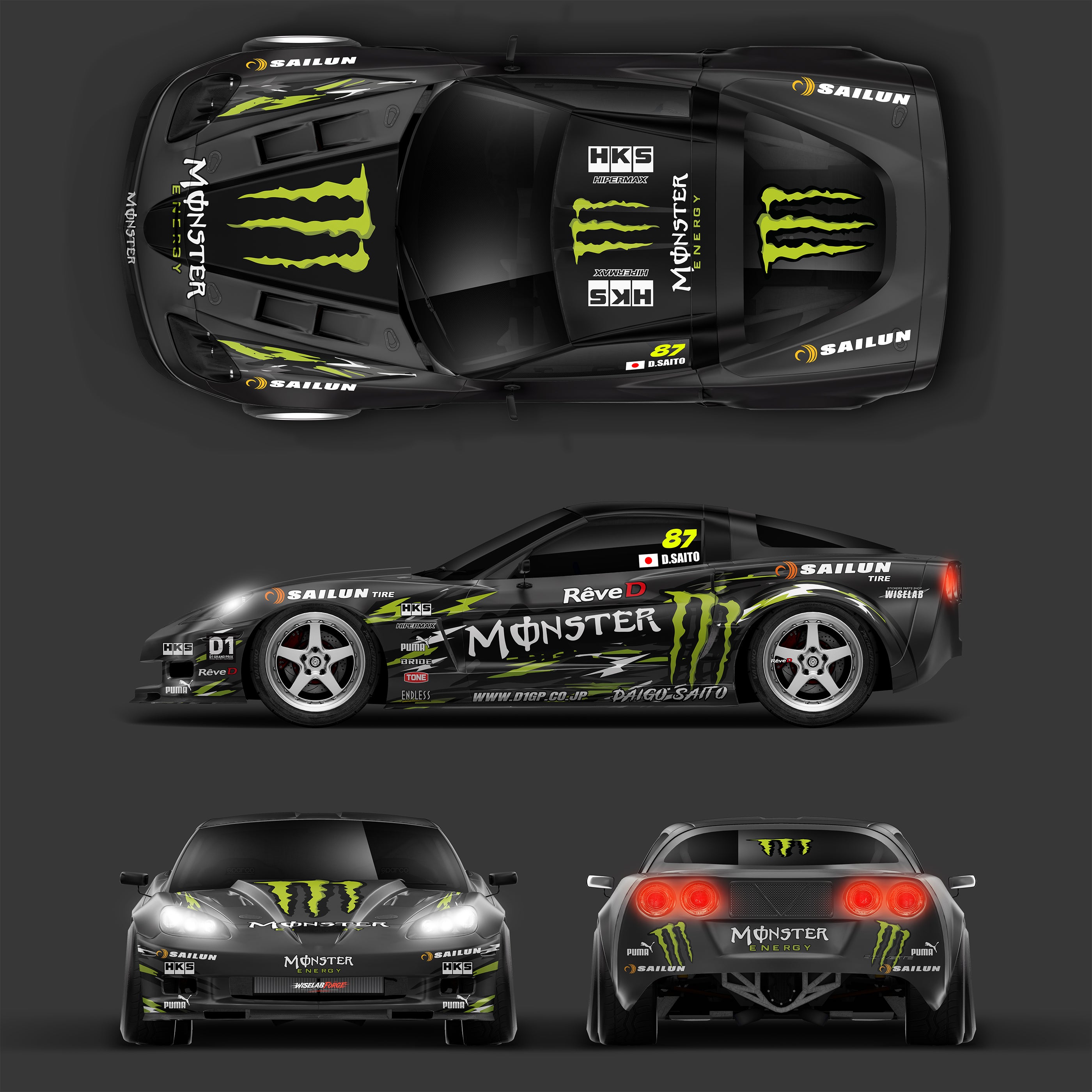 Pre-Cut Corvette C6 RC Drift Livery Decal Kit - ReveD Chevrolet Corvette x MonsterEnergy Inspired